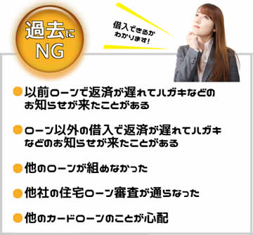 過去にNG 借入できるか分かります 以前のローンで返済が遅れてハガキなどのお知らせが来たことがある ローン以外の借入で返済が遅れてハガキなどのお知らせが来たことがある 他のローンが組めなかった 他社の住宅ローン審査が通らなかった 他のカードローンのことが心配